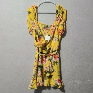 ReVamped Floral Short Sleeve Ruffle Hem Elastic Waist Dress Size XL Yellow